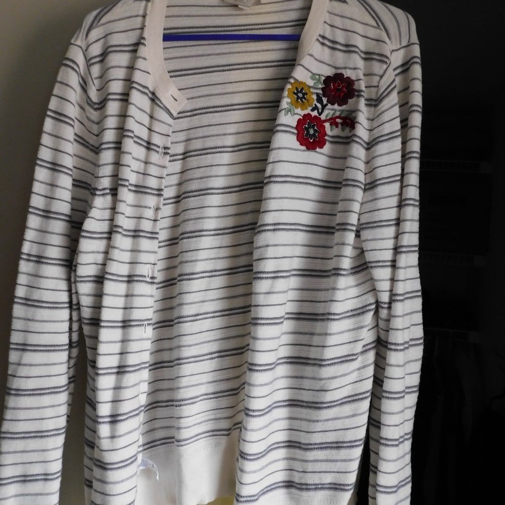 White and Blue/gray striped cardigan